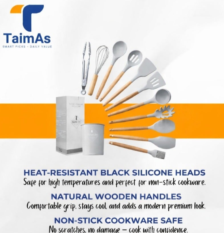 TaimAs Kitchen Utensil Set 12 Pieces Silicone Cooking Tools BPA-Free Heat Resistant Wooden Handle for Nonstick Cookware - Image 3